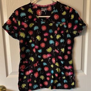 Black Floral Scrub Top